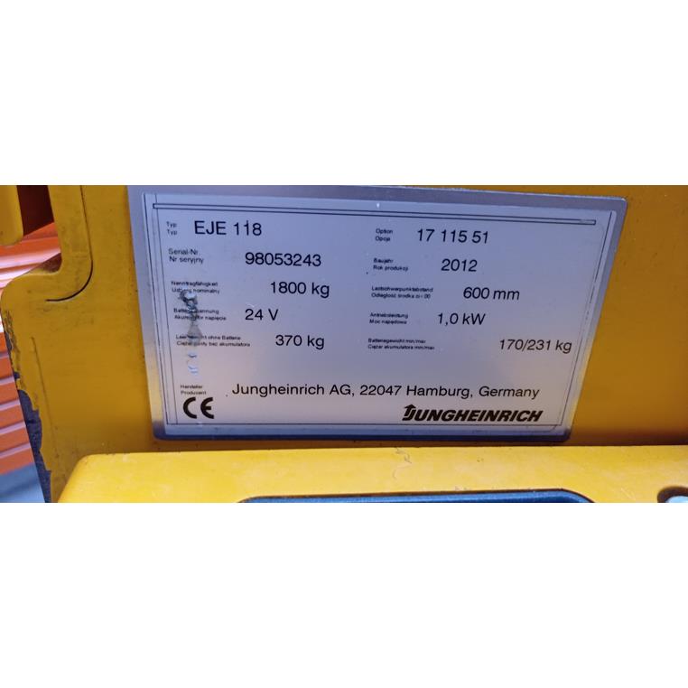 Wózek paletowy elektryczny ręczny Jungheinrich EJE 118 2012r bateria 2019