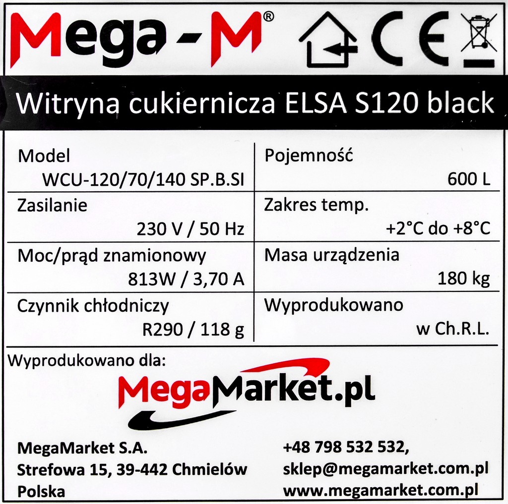 Witryna cukiernicza ELSA s120 kolor czarny specyfikacja