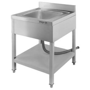 Zdjęcie produktu: Zlew gastronomiczny jednokomorowy z maskownicą, półką i syfonem z rurą odpływową Mega-M 60x60x85 cm stal nierdzewna