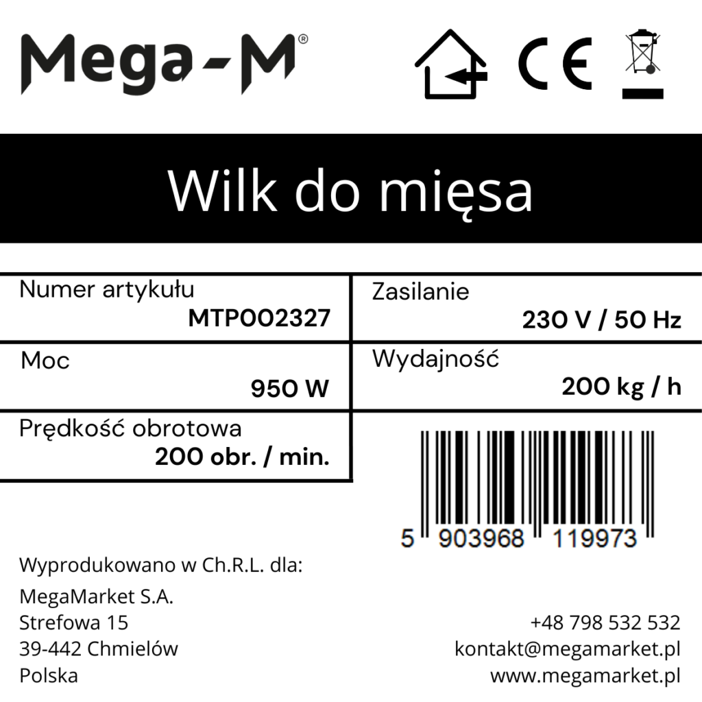 Wilk do mięsa Mega-M MTP002327 - Tabliczka znamionowa