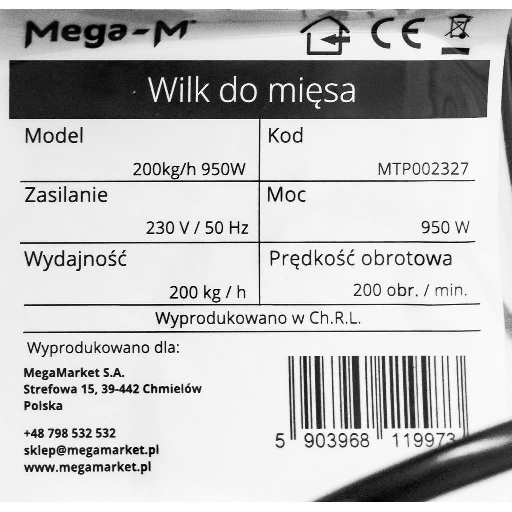 Wilk do mięsa Mega-M 950W MTP002327 specyfikacja
