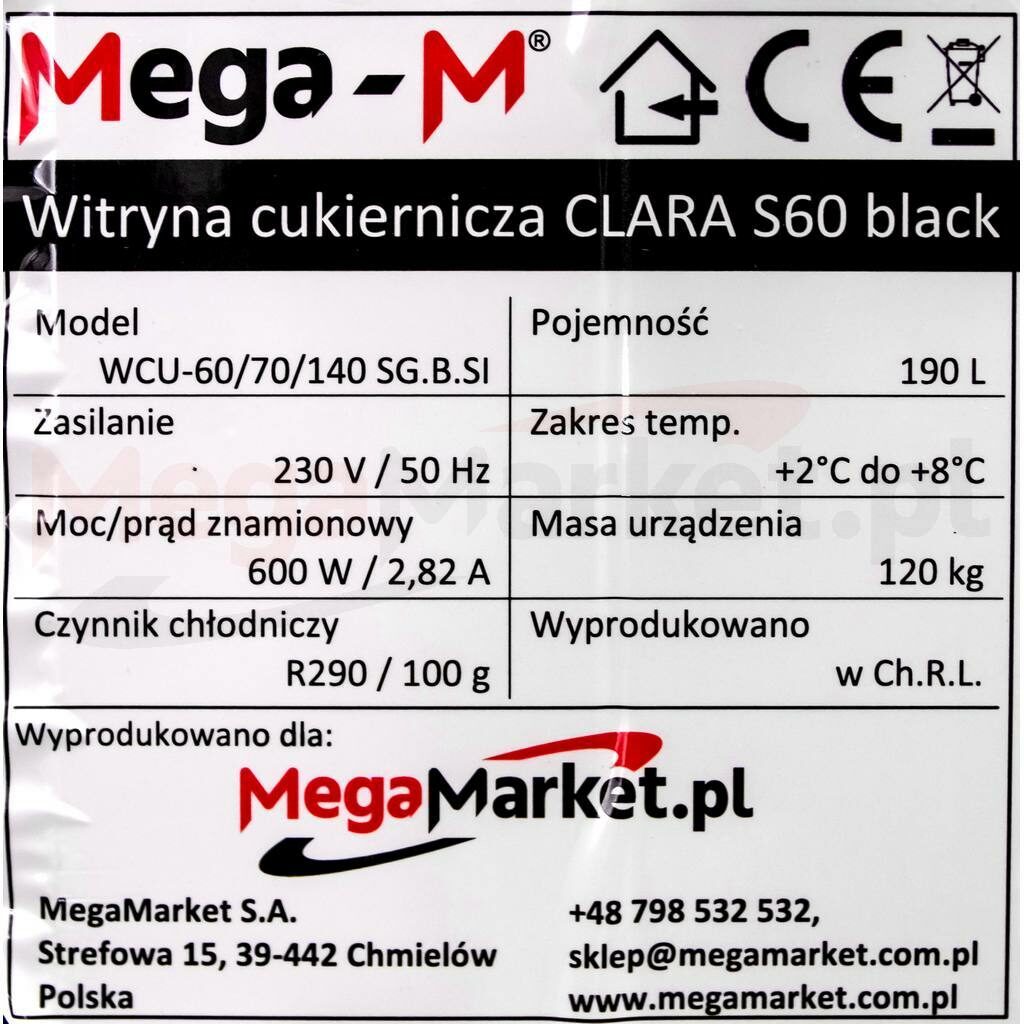 Tabliczka znamionowa w witrynie cukierniczej marki Mega-M CLARA S60