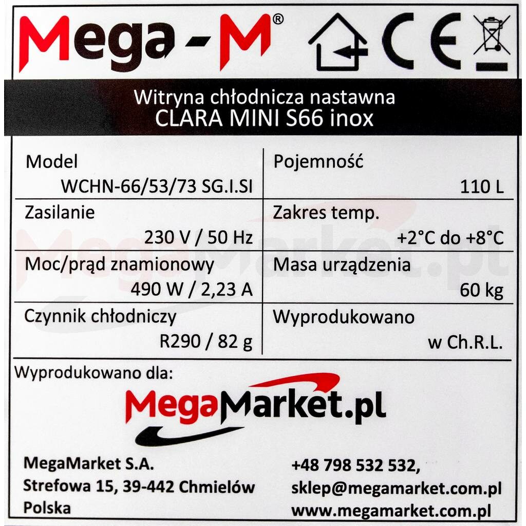 Tabliczka znamionowa do witryny chłodniczej nastawnej marki Mega-M CLARA MINI S66 z szybą giętą