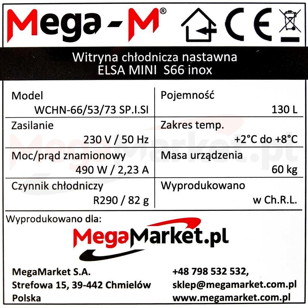 Tabliczka znamionowa do witryny chłodniczej nastawnej marki Mega-M ELSA MINI S66 z szybą prostą