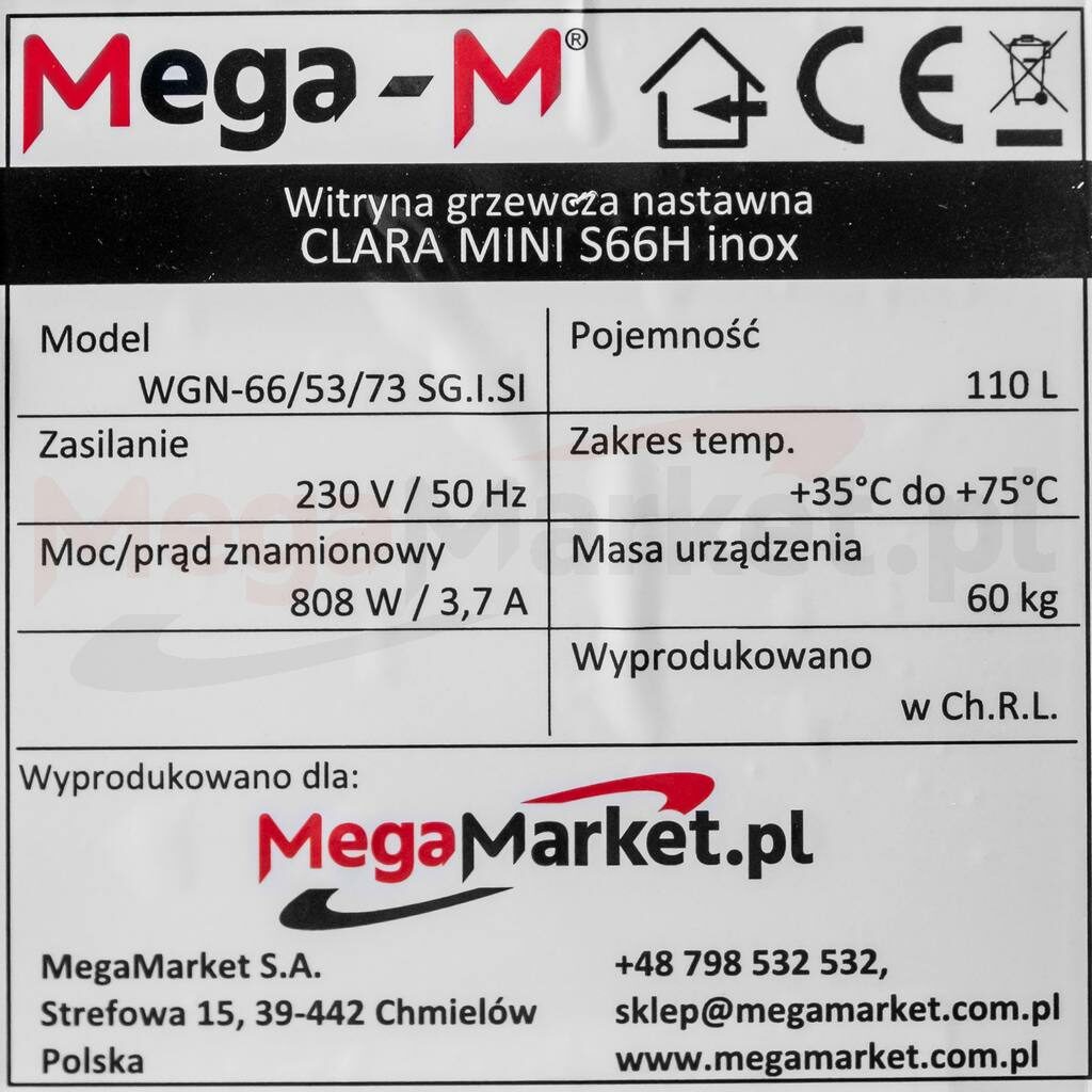 Tabliczka znamionowa do witryny grzewczej nastawnej marki Mega-M ELSA MINI S66 z szybą giętą
