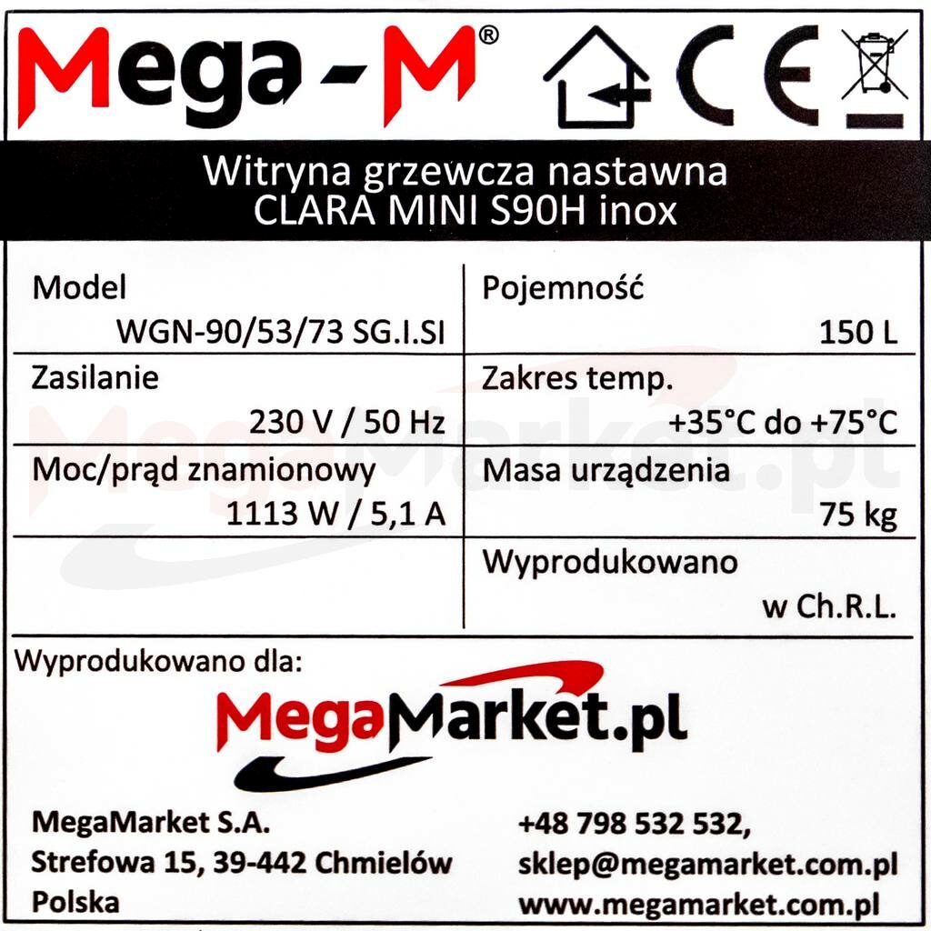 Tabliczka znamionowa do witryny grzewczej nastawnej marki Mega-M ELSA MINI S90 z szybą giętą