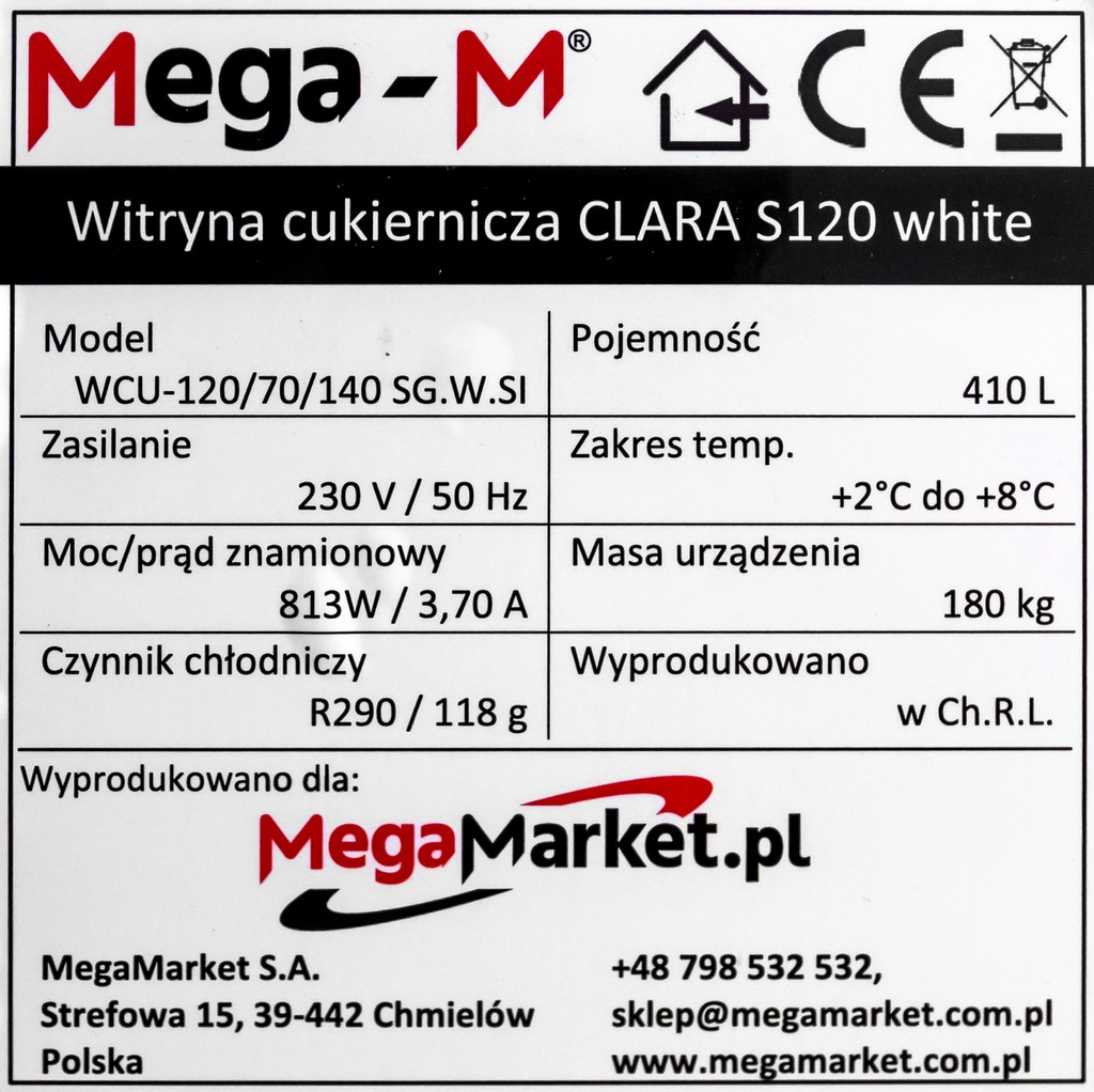 Witryna cukiernicza biała S120 Clara Mega-M gięta szyba specyfikacja