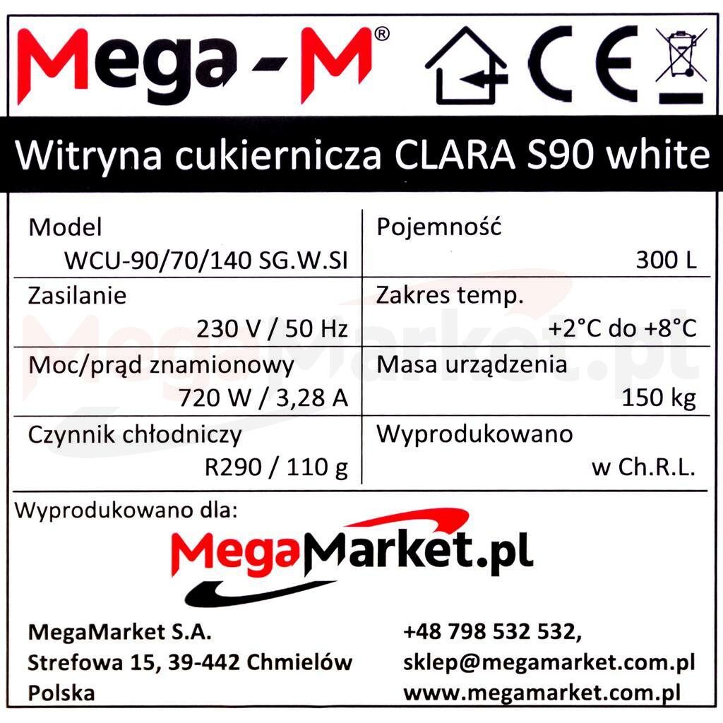 Tabliczka znamionowa w witrynie cukierniczej marki Mega-M CLARA S90