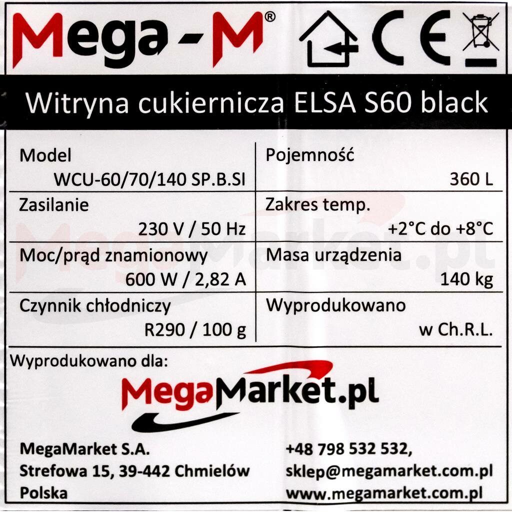 Tabliczka znamionowa w witrynie cukierniczej ELSA S60 z szybą prostą