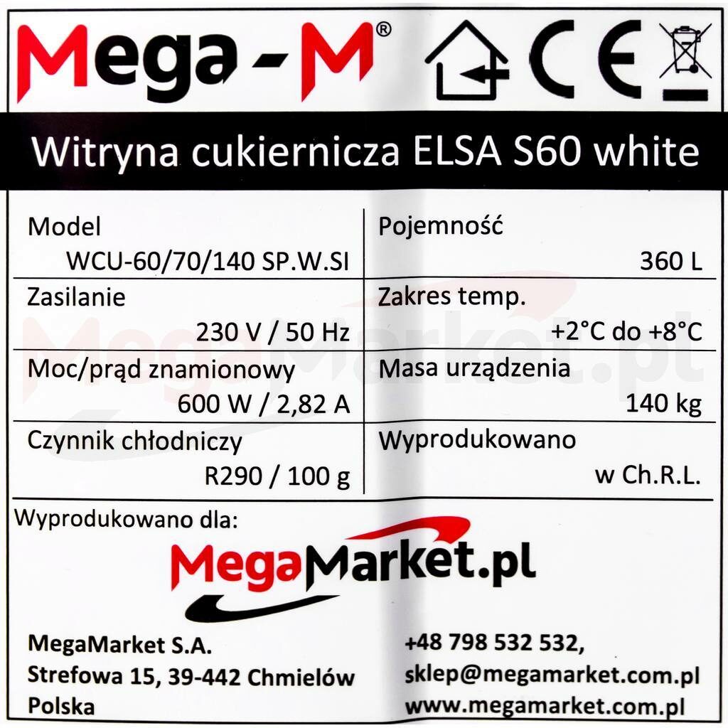 Tabliczka znamionowa w witrynie cukierniczej marki Mega-M ELSA S60