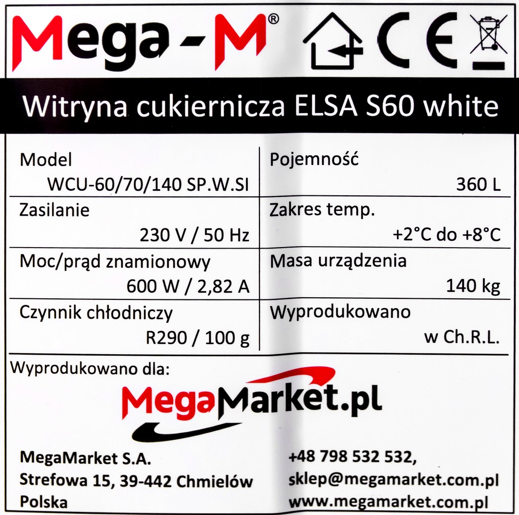 Witryna cukiernicza Mega-M CNC72 specyfikacja