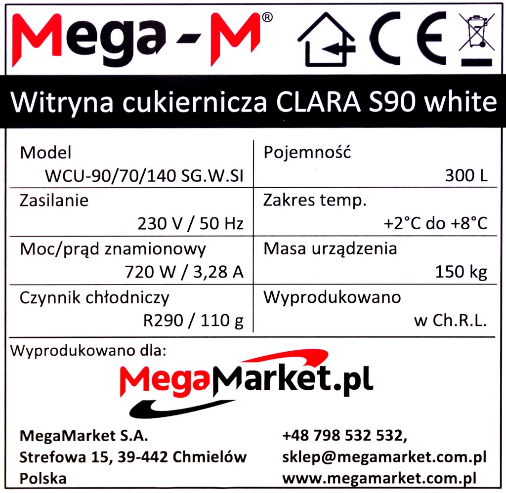 Witryna cukiernicza biała Mega-M Clara S90 specyfikacja