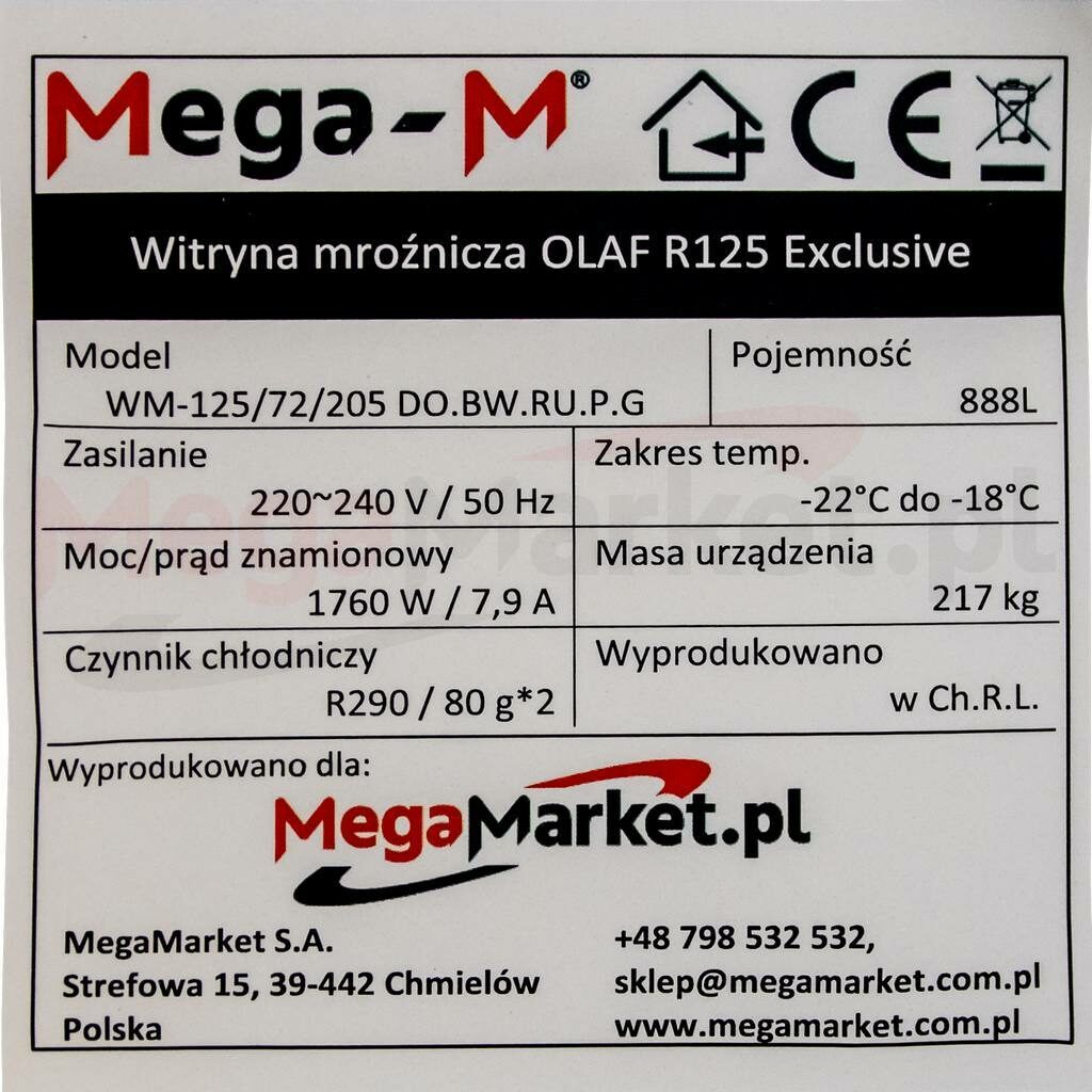 Witryna mroźnicza Mega-M Olaf R125 Exclusive 1000l tabliczka znamionowa