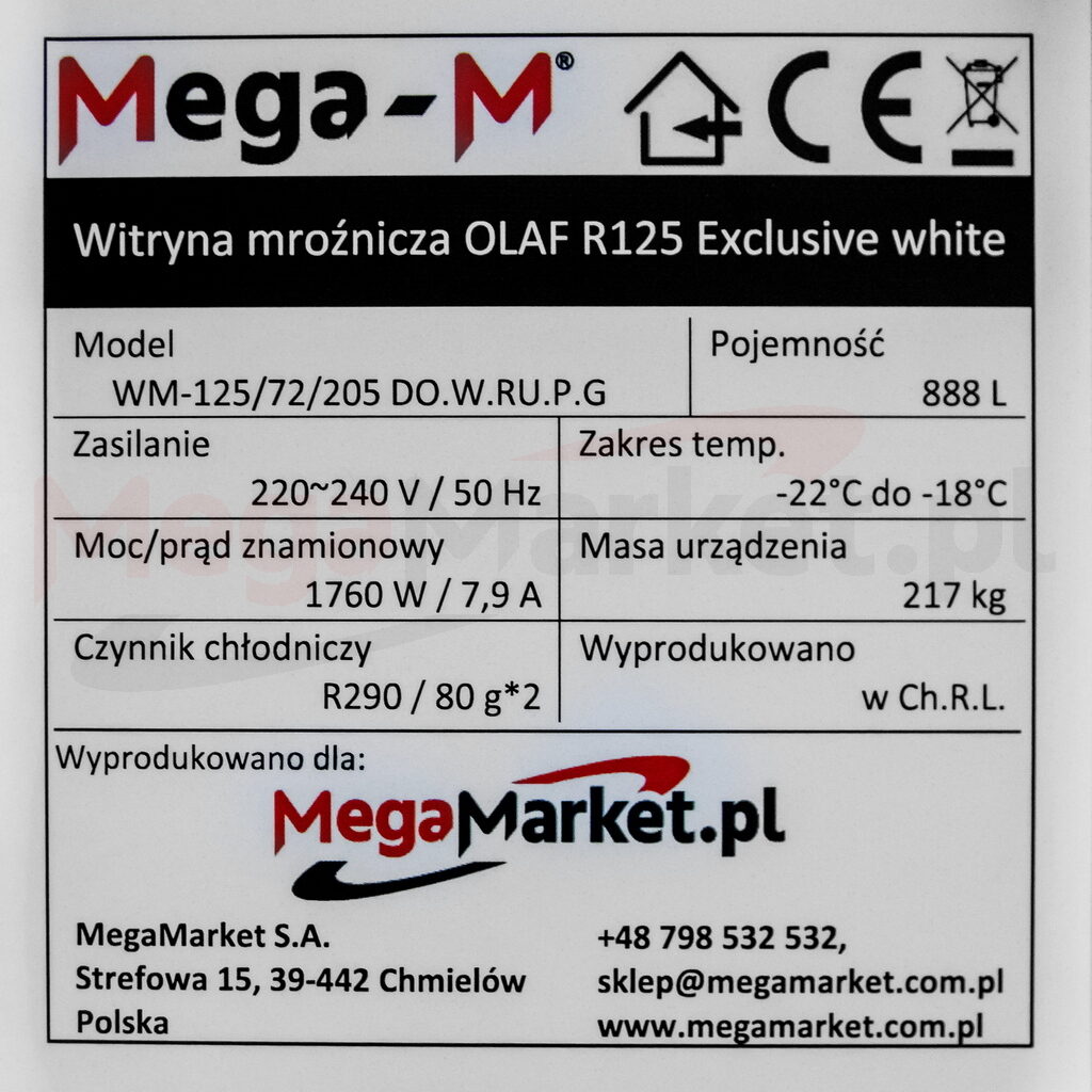 Witryna mroźnicza Mega-M Olaf R125 Exclusive white 1000l tabliczka znamionowa