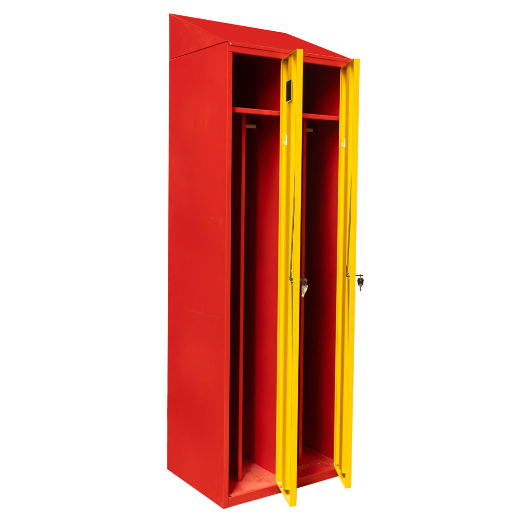 Szafka ubraniowa BHP dwudrzwiowa z daszkiem czerwono-żółta otwarte drzwi