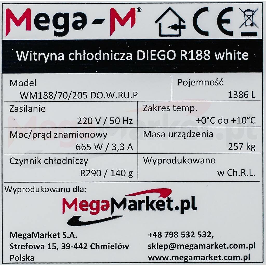 Witryna chłodnicza Mega-M Diego R188 szafa 3-drzwiowa z oświetleniem LED tabliczka znamionowa