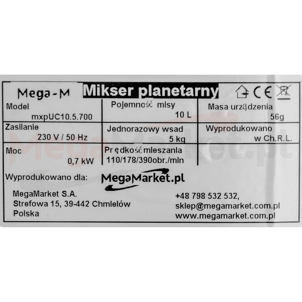 Mikser planetarny robot Mega-M mxpUC10.5.700 biały pojemność 10L tabliczka znamionowa