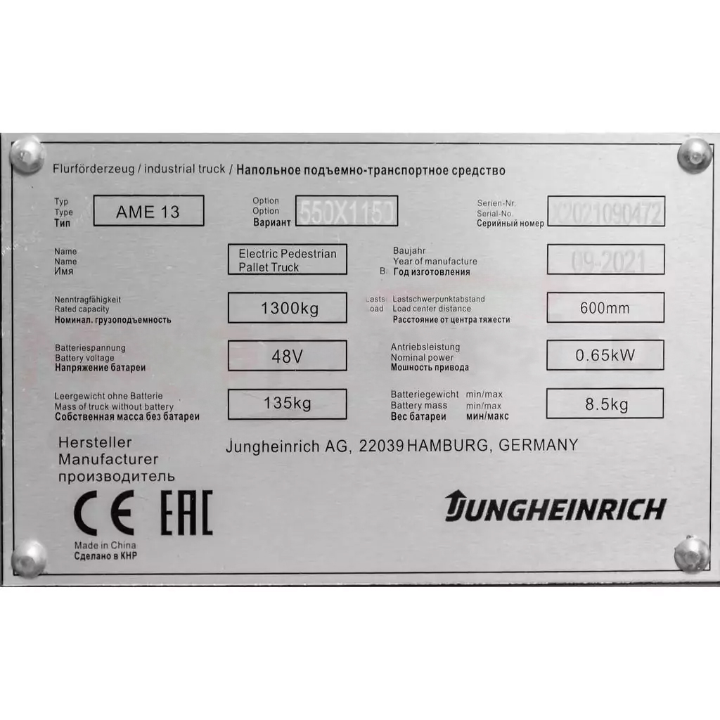 Wózek paletowy Jungheinrich AME13 paleciak elektryczny WPJ1