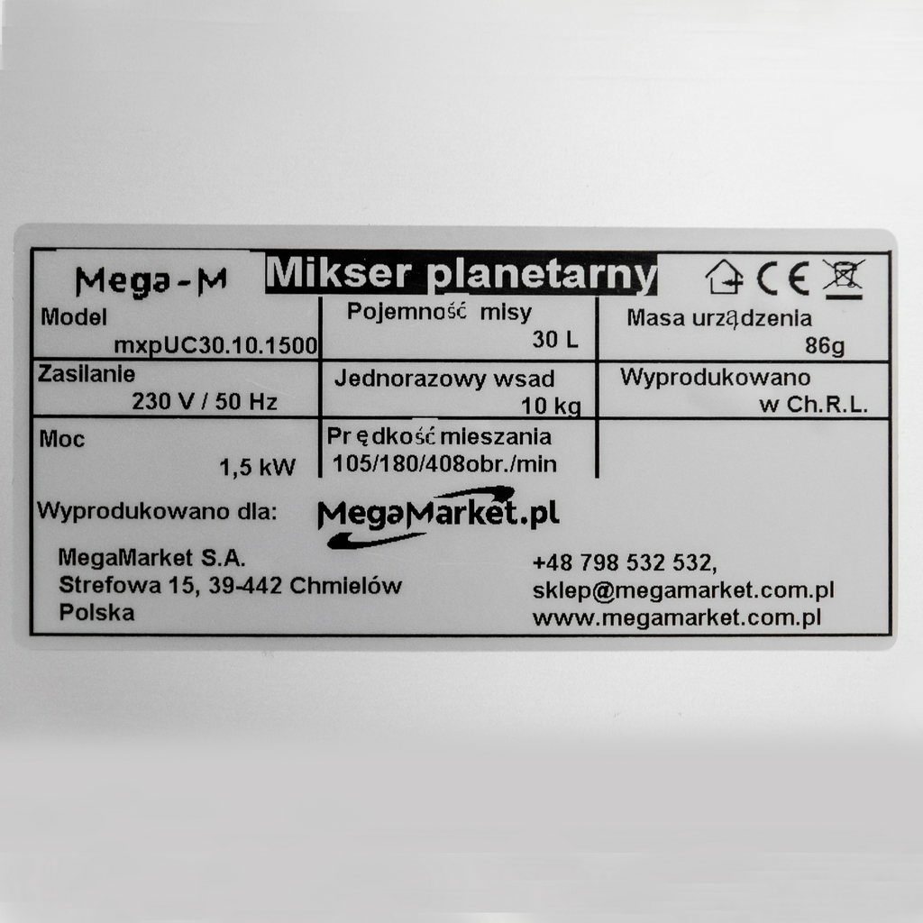 Tabliczka znamionowa robota planetarnego wielofunkcyjnego z misą ze stali nierdzewnej 30l Mega-M