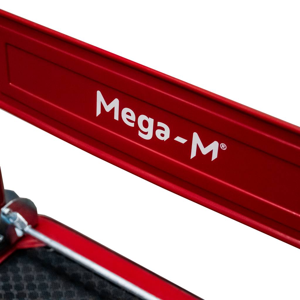 Wózek platformowy magazynowy Mega-M udźwig 450 kg koła pneumatyczne koła zbliżenie logo
