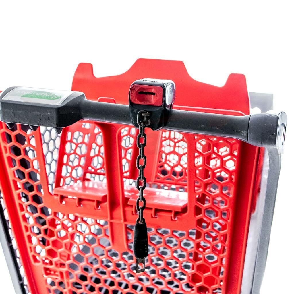 Wózek sklepowy plastikowy Polycart 175 szaro-czerwony wyposażony w monetnik
