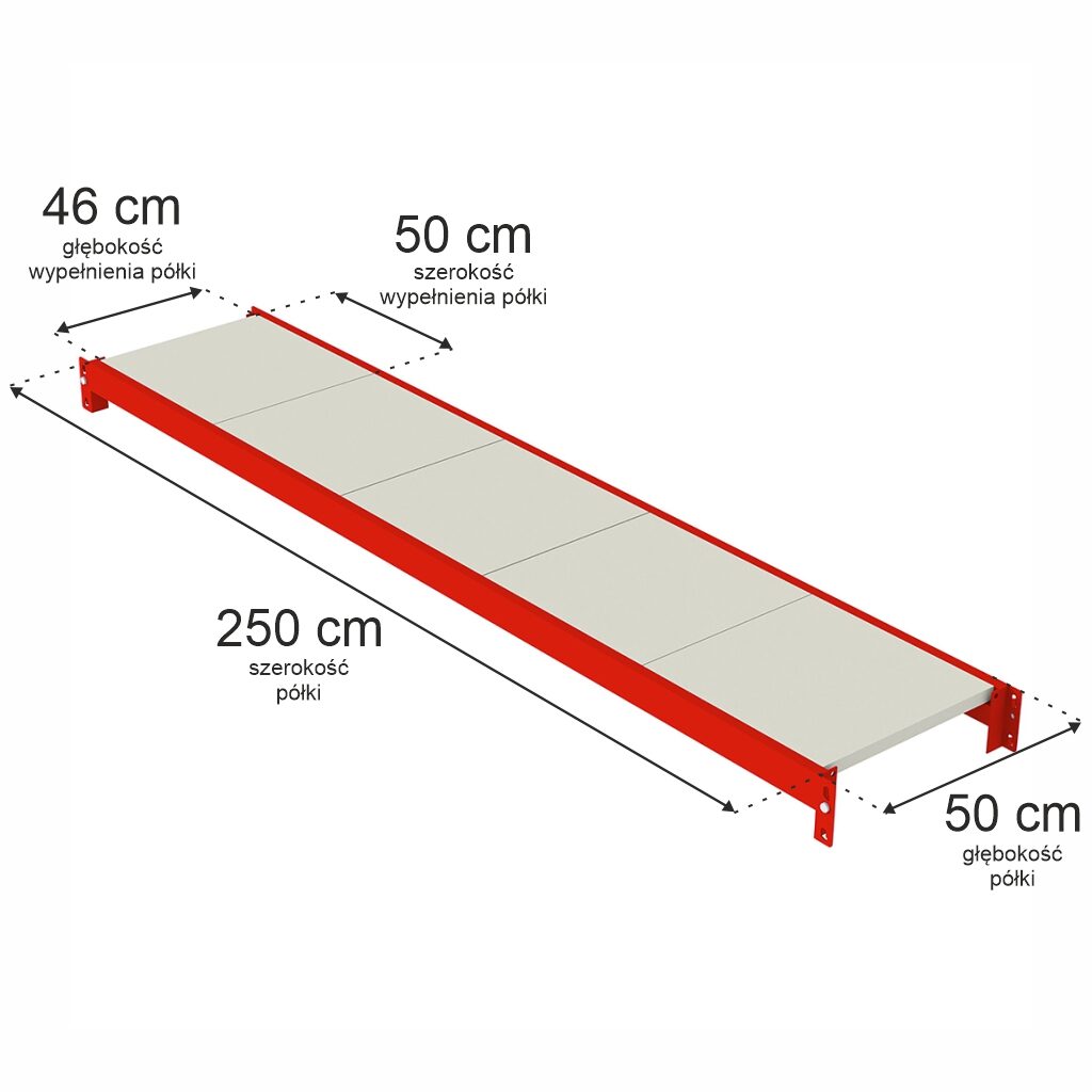 Wymiary metalowej półki regałowej 250x50cm