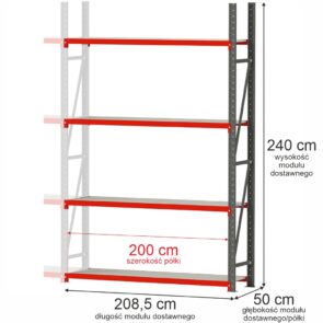 Regał magazynowy 4-półkowy Mega-M FORTIS 240x208,5x50 cm moduł dostawny