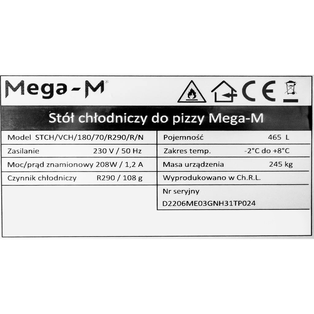 Stół chłodniczy do pizzy z granitowym blatem Mega-M STCH/VCH/180/70/R290/R/N