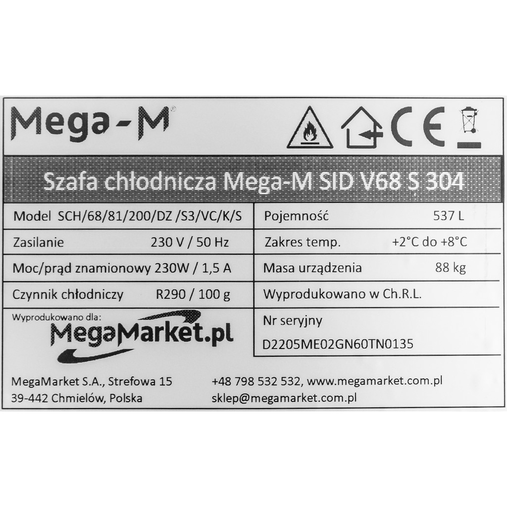 Szafa chłodnicza zapleczowa Mega-M SID V68 S stal nierdzewna AISI 304