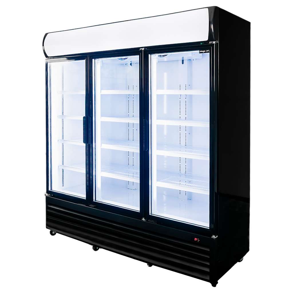 Witryna chłodnicza 3-drzwiowa 1506L Mega-M RICO i180 oświetlenie LED podświetlany górny plafon reklamowy
