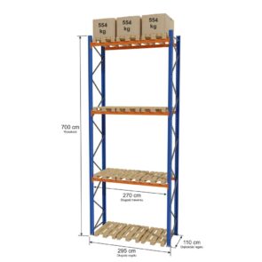 Regał magazynowy paletowy STOW 0+3 poziomy H-700 cm L-295 cm moduł bazowy, 1662 kg nośność na parę trawersów