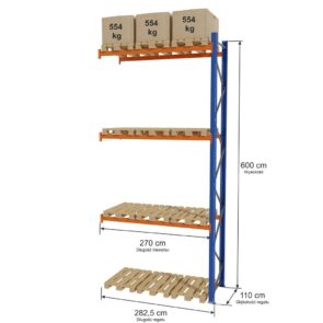 Regał magazynowy paletowy STOW 0+3 poziomy H-600 cm L-282,5 cm moduł dostawny, 1662 kg nośność na parę trawersów