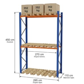 Regał magazynowy paletowy STOW 0+2 poziomy H-450 cm L-295 cm moduł bazowy, 1056 kg nośność na parę trawersów