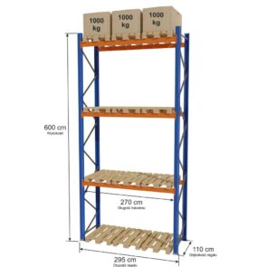 Regał magazynowy paletowy STOW 0+3 poziomy H-600 cm L-295 cm moduł bazowy, 3000 kg nośność na parę trawersów