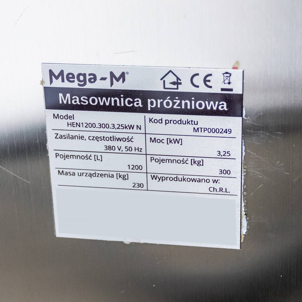 Masownica próżniowa Mega-M 1200l 300kg 3.25kW peklarka do mięsa MTP000249