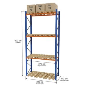 Regał magazynowy paletowy STOW 0+3 poziomy H-600 cm L-295 cm moduł bazowy, 1056 kg nośność na parę trawersów