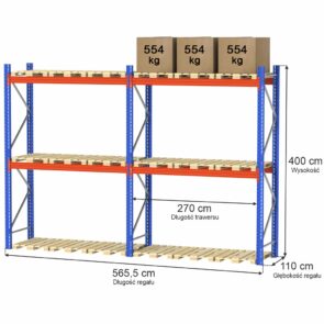 Regał magazynowy paletowy STOW H-400 cm L-570 cm, 1662 kg nośność na parę trawersów
