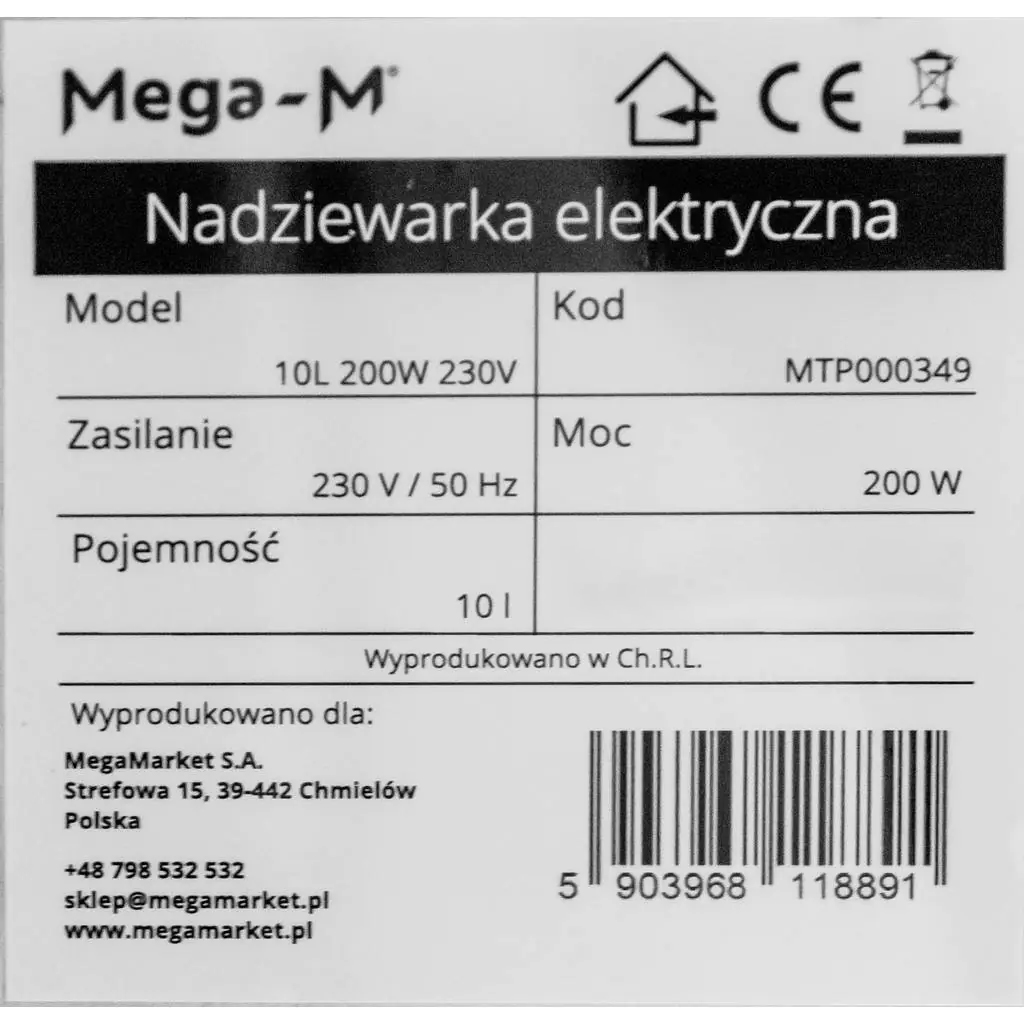 Nadziewarka elektryczna do kiełbas Mega-M 10L moc 200W