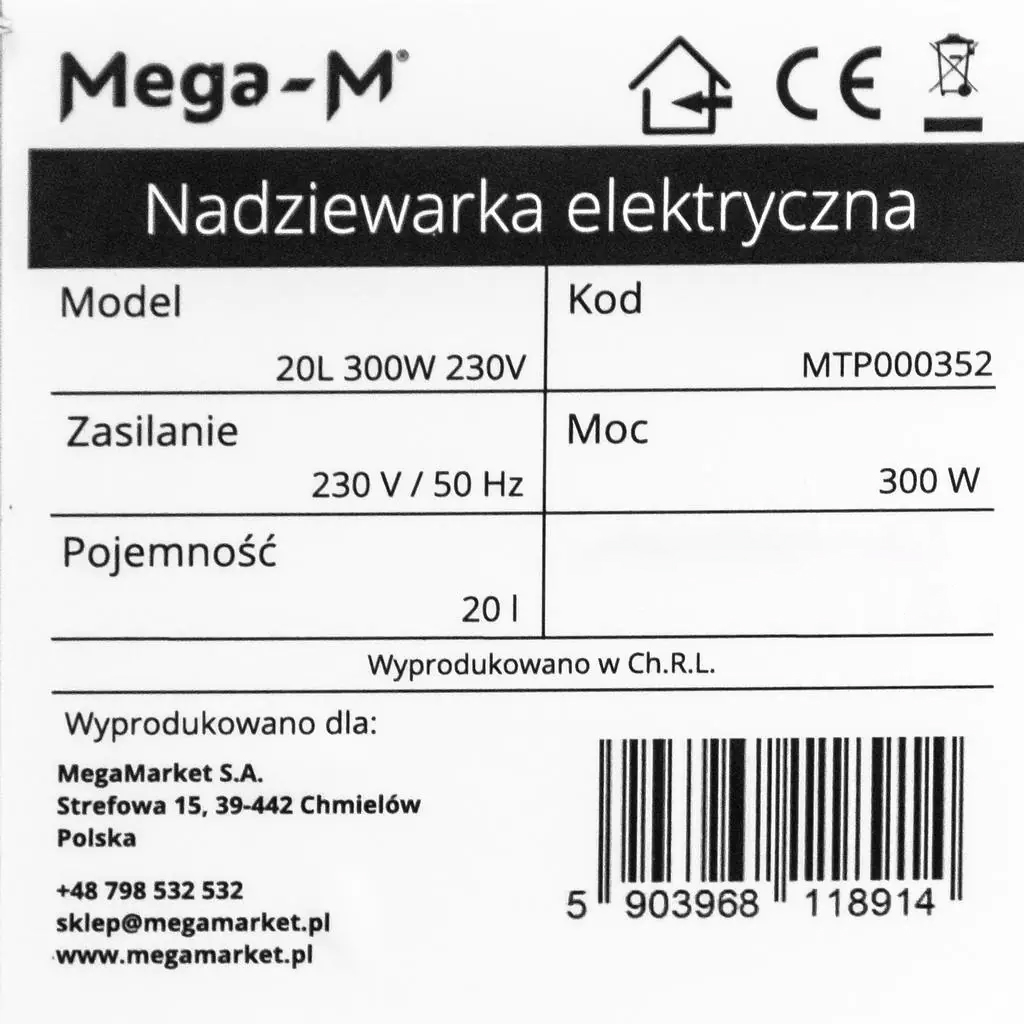 Nadziewarka elektryczna do kiełbas Mega-M 20L moc 300W