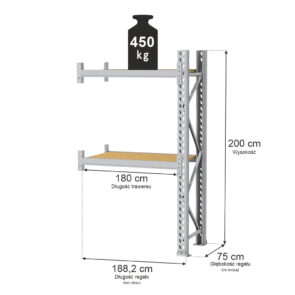 Regał magazynowy 2-półkowy MGL MAGO HX H-200 cm L-188.2 cm G-75 cm 450 kg moduł dostawny szary