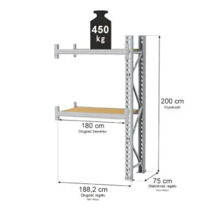 Regał magazynowy 2-półkowy MGL MAGO HX H-200 cm L-188.2 cm G-75 cm 450 kg moduł dostawny szary