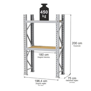 Regał magazynowy 2-półkowy MGL MAGO HX H-200 cm L- 196.4 cm G-75 cm 450 kg moduł bazowy szary