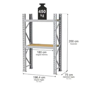 Regał magazynowy 2-półkowy MGL MAGO HX H-200 cm L- 196.4 cm G-75 cm 450 kg moduł bazowy szary