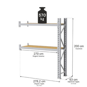 Regał magazynowy 2-półkowy MGL MAGO HX H-200 cm L-278.2 cm G-63 cm 570 kg moduł dostawny szary