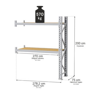 Regał magazynowy 2-półkowy MGL MAGO HX H-200 cm L-278.2 cm G-75 cm 570 kg moduł dostawny szary