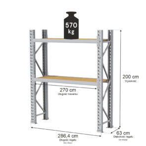 Regał magazynowy 2-półkowy MGL MAGO HX H-200 cm L- 286.4 cm G-63 cm 570 kg moduł bazowy szary