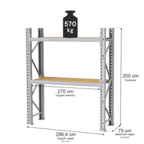 Regał magazynowy 2-półkowy MGL MAGO HX H-200 cm L- 286.4 cm G-75 cm 570 kg moduł bazowy szary
