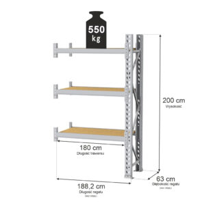 Regał magazynowy 3-półkowy MGL MAGO HX H-200 cm L-188.2 cm G-63 cm 550 kg moduł dostawny szary