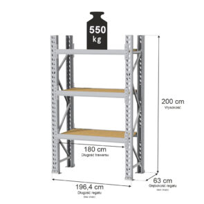 Regał magazynowy 3-półkowy MGL MAGO HX H-200 cm L-196.4 cm G-63 cm 550 kg moduł bazowy szary