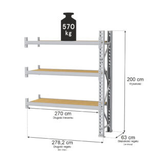 Regał magazynowy 3-półkowy MGL MAGO HX H-200 cm L-278.2 cm G-63 cm 570 kg moduł dostawny szary